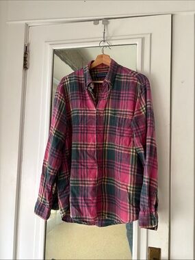 Vintage Savile Row 100% Cotton Pink Green Checkered Button Down Flannel Shirt